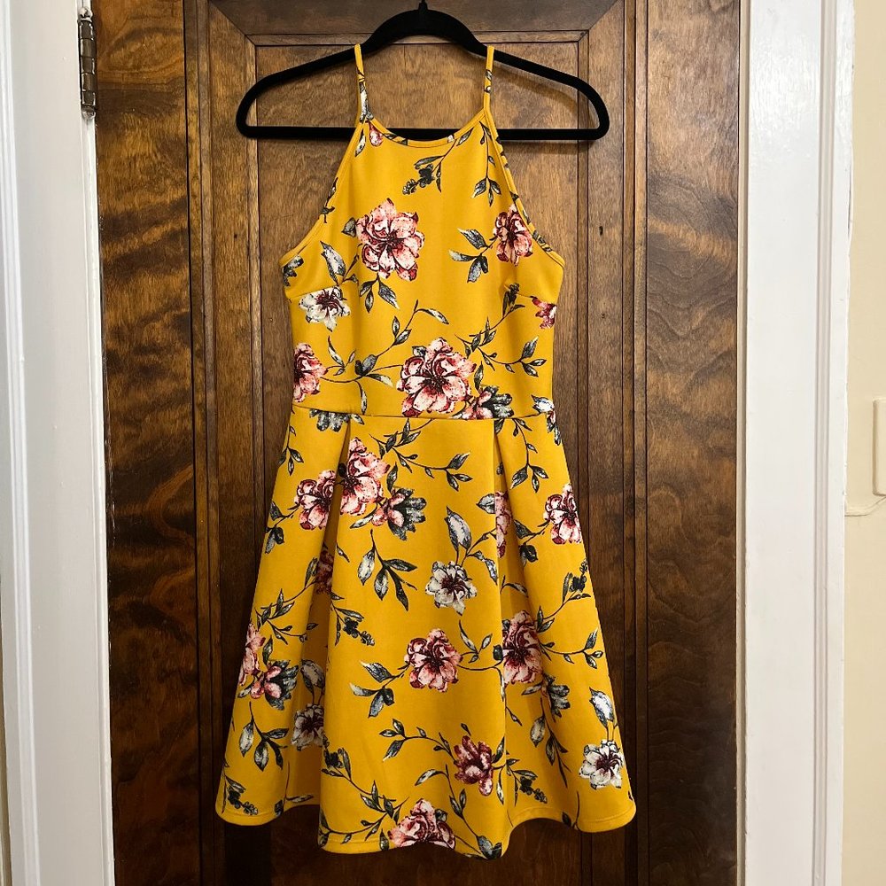 Mustard Yellow Floral Skater Dress - Women's Size S